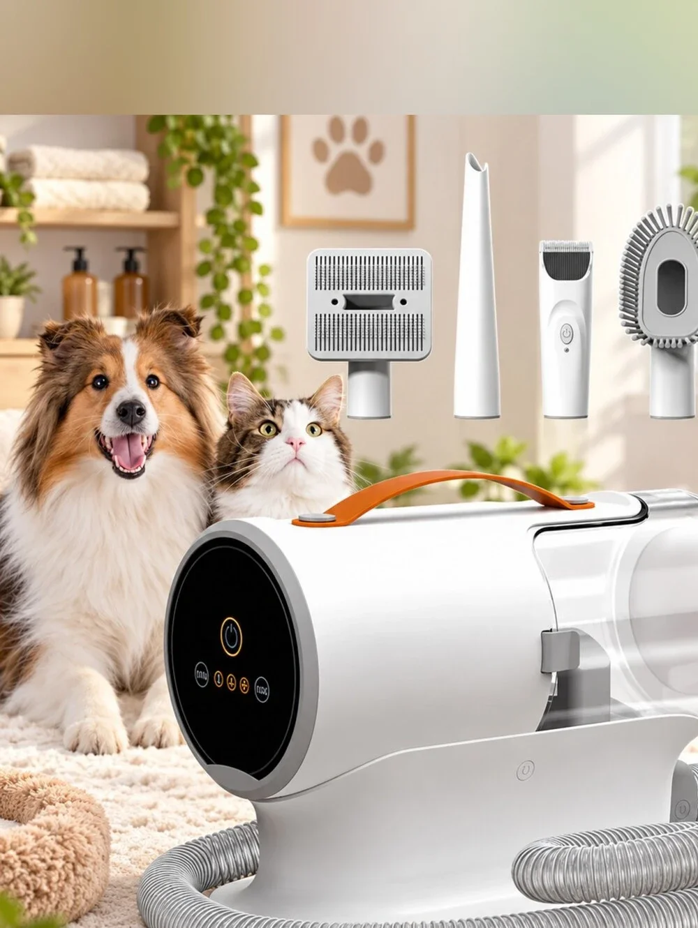 Pet Grooming Vacuum Cleaner with Orange Handle - White